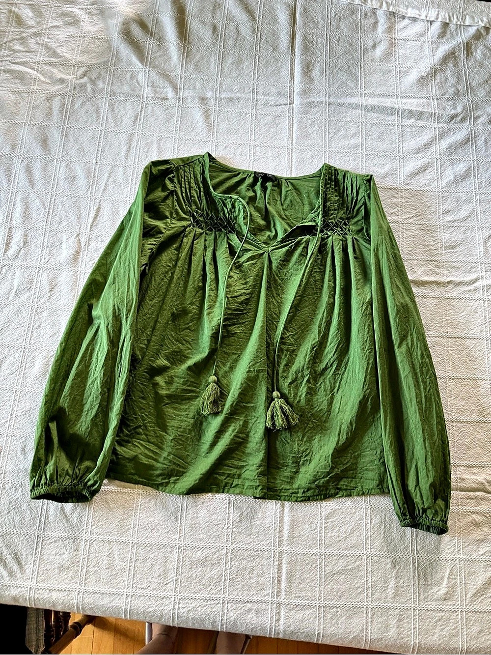 Talbots Embroidered Tassel Tie Top Green Ruched Neck Blouse